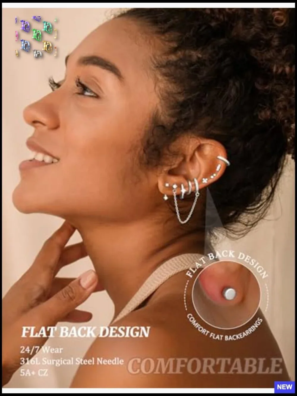 Hypoallergenic Flatback Stud Hoop 14K Gold Plated Earring Set Surgical Steel